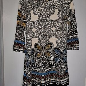 Aryeh Black and White Long Sleeve Dress with Blue and Gold Accents